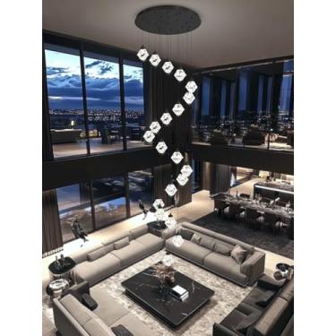 Imagem de H142in Lustres de cristal modernos lustres grandes para teto alto pingente preto luminária pendente 26 luzes grande luz pendente para escada, sala de estar, corredor, entrada