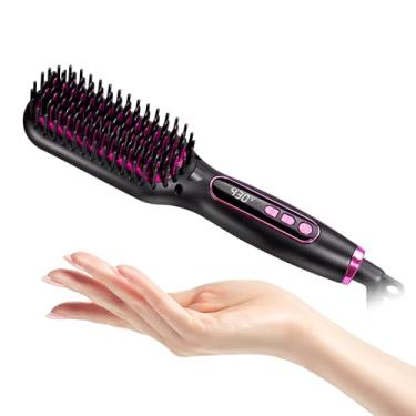Imagem de Mini escova alisadora de cabelo para mulheres, escova de alisamento de tensão dupla com cerdas aquecidas de cerâmica, temperatura ajustável e tela de LED