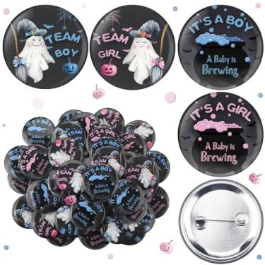 Imagem de Highergo 48 peças de broches de revelação de gênero de Halloween Baby Is Brewing Halloween Ghost Gender Reveal Games Team Boy or Girl Pins 1,73 polegadas ele ou ela azul rosa crachá lembrancinhas de