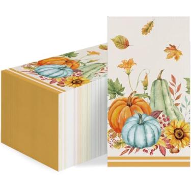 Imagem de Guardanapos de papel de outono de 100 peças – Toalhas de hóspedes em aquarela de girassóis de abóbora de ação de graças, guardanapos descartáveis de outono para mesa de jantar de cozinha, festa de