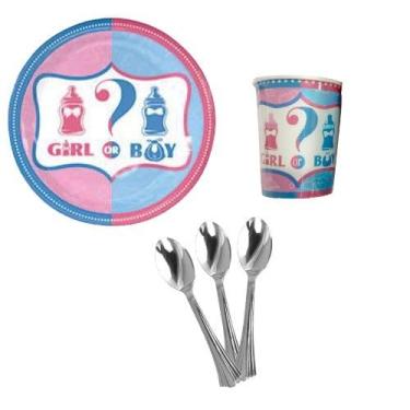 Imagem de KIT 10 Convidados Pratos Copos Papel Colher 14cm Chá Revelação Menina Menino Festa