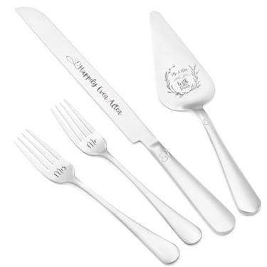 Imagem de BEKESIN Conjunto de faca e servidor de bolo de casamento, conjunto de corte de bolo de prata com alças duplas de coração, inclui Mr. and Mrs Forks, ideal para presentes de casamento, aniversário de