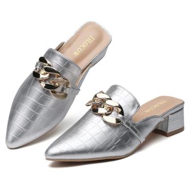 Imagem de Tilocow Sandálias Femininas De Salto Grosso Com Corrente Metal, Alto, Bico Fechado, Sem Costas, Prata 7