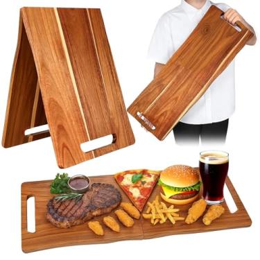 Imagem de Tábua de charcutaria grande de madeira de acácia com alças, bandeja de servir de madeira retangular extragrande de 83 x 30 cm, travessa de madeira portátil de viagem para aperitivos de queijo, comida