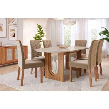 Imagem de Mesa Cozinha Valentina Tampo Madeirado Oval c/ Vidro 210x100cm e 6 Cadeiras Clarice Cinamomo/Off White - Madeirado/Suede Jo-Cimol