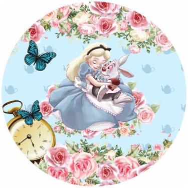 Imagem de Painel de Lona Redondo Alice no País das Maravilhas Borboletas e Relóg