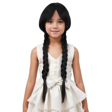 Imagem de WAVELNM Peruca infantil trançada preta com franja peruca longa reta com 2 perucas de cosplay para meninas perucas sintéticas com touca de peruca