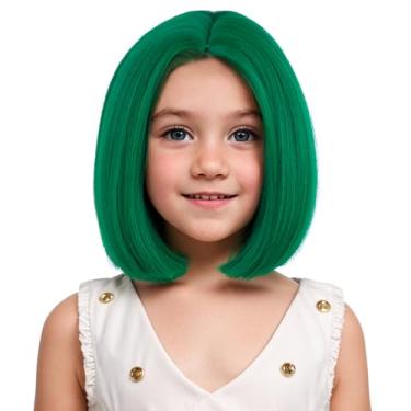 Imagem de WAVELNM Peruca infantil verde para meninas verde escuro Bob peruca infantil curta parte média perucas sintéticas para uso diário festa Halloween