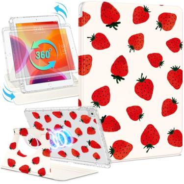 Imagem de Shorogyt Capa magnética para iPad 9ª/8ª/7ª geração, suporte magnético para mulheres - Design fofo com rotação de 360 graus para meninas com suporte de lápis para Apple I Pad 9/8/7 gerações, morango
