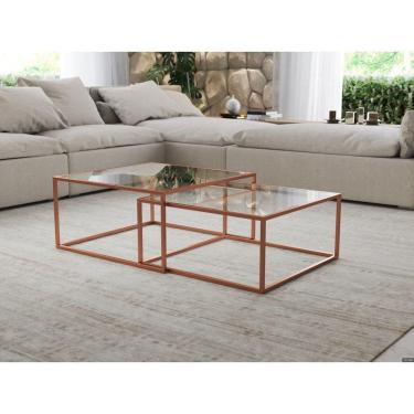 Imagem de Mesa De Centro Industrial Moderna Atemporal Duo Catarina Cobre E Tampo De Vidro