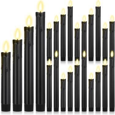 Imagem de Macarrie 24 velas de LED cônicas sem chama, operadas por pilha, 17 cm, 20 cm, 24 cm, 25 cm, castiçais de chama cintilante 3D em forma de cera para decoração de casamento de Halloween e Natal (preto)