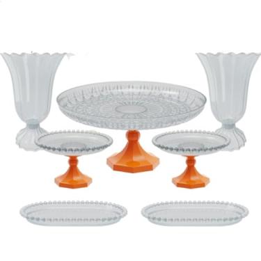 Imagem de Kit Cristal boleira lapidada 24x11+2 vasos popi+2 mini boleiras perola+ 2 bandejas perola 20x13 cm(LA - LARANJA)