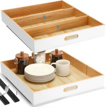 Imagem de CroBlissful 2 organizadores de armário com divisórias removíveis, gavetas deslizantes de madeira sem pregos de 50 cm L x 53 cm P com fita adesiva, prateleiras dobráveis para cozinha, despensa