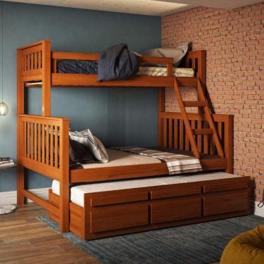 Imagem de Treliche com Cama de Casal com 3 Gavetas Madeira Maciça Móveis Saraiva Castanho Claro