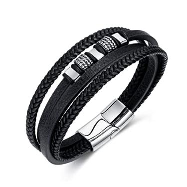 Imagem de Rockyu Pulseira masculina de couro com fecho de aço inoxidável de 210 mm com fibra de couro sintético e detalhes prateados para uso casual elegante