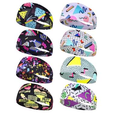 Imagem de Pacote com 8 faixas de cabelo neon dos anos 80, 90, acessórios retrô dos anos 80, roupas para mulheres, faixa de cabelo para baile de máscaras, estilo corrida, ciclismo (estilo B)