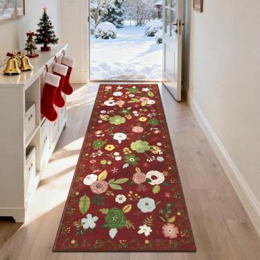 Imagem de U'Artlines Tapete de corredor de 6 x 15 cm para corredores, cozinha, floral, colorido, macio, antiderrapante, lavável, tapete para entrada, lavanderia, banheiro (vermelho)