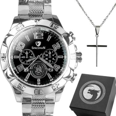Imagem de Relogio Masculino Prata Prova Dagua + Cordao Cruz + Caixa Original Preto Qualidade Premium Religioso
