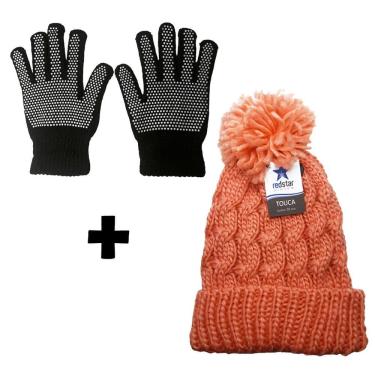 Imagem de Combo Inverno Frio Touca Pompom Tricô E Luva Antiderrapante