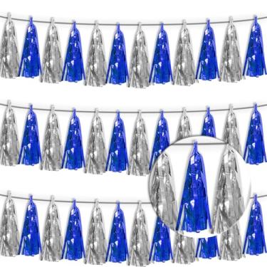 Imagem de Faixa de borla prateada azul marinho 3P Guirlanda de franja metálica com franja de borlas de borlas pano de fundo para boias de desfile, decorações de festa de aposentadoria para noivas/chá de bebê