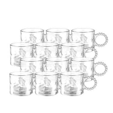 Imagem de Conjunto 12 Caneca Xícara Café Vidro 300ml Chá Alça de Bolinhas Transp