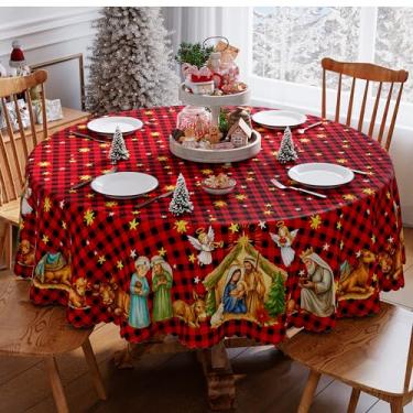 Imagem de Siilues Toalha de mesa redonda de Natal 177 x 178 cm, toalha de mesa xadrez buffalo, vermelho, sazonal, inverno, borda recortada, impermeável, toalha de mesa de jantar, decoração de festa em casa