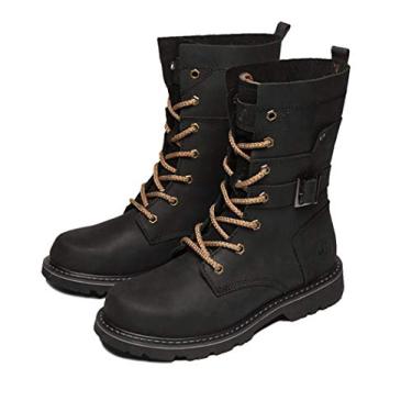 Imagem de Bigfanshu Botas militares masculinas de couro PU vintage botas masculinas de combate táticas masculinas de velcro com cadarço sem cadarço e cano médio Oxford e Derby, Preto, 41 BR G