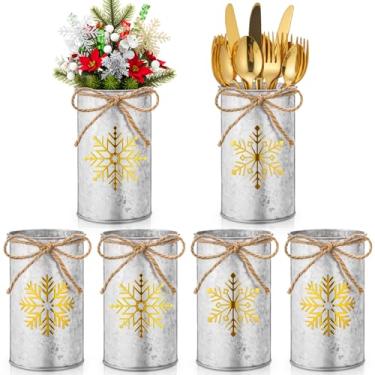 Imagem de Domensi 6 peças de mesa de Natal, centro de mesa, flocos de neve, vasos de metal galvanizado para flores, potes de pedreiro dourados, suporte de utensílios para decoração de inverno, Natal, cozinha