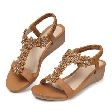 Imagem de SHIBEVER Sandália de anabela feminina confortável sem cadarço Boho elegante praia caminhada borracha strass sandália brilhante, Marrom, 7