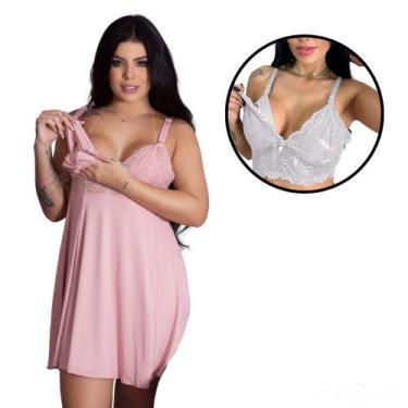 Imagem de Kit Maternidade Camisola Amamentação + Sutiã Renda Gestante Confortáve