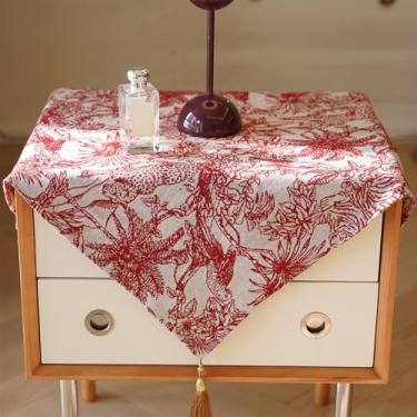 Imagem de Toalha de mesa de cabeceira quadrada pequena bordada floral capa de mesa de cabeceira rústica, toalha de mesa lateral de fazenda com borlas, capa de mesa de canto resistente para decoração de quarto e