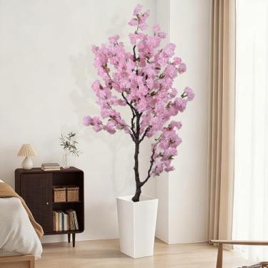 Imagem de Árvore de cerejeira rosa artificial com 2,12 m (210,8 cm) de altura, folhas de seda falsas, decoração de interiores, árvore de Sakura realista feita à mão para casamento, planta de cerejeira realista