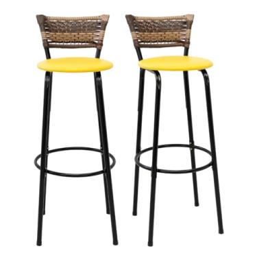 Imagem de Kit 2 Banquetas Altas 80cm Estrutura Preta Encosto Junco Cappuccino Ideal P/Bancada Cozinha Americana Bares Balcão Itagold (Assento Amarelo)