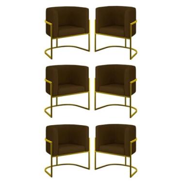 Imagem de Kit 06 Poltronas Lua Sala Decorativa Base Ferro Gold Corino Cor:marrom
