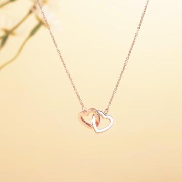 Imagem de Colar com pingente de coração e anel duplo de ouro rosa para mulheres, corrente de clavícula banhada a ouro 40 + 5 cm