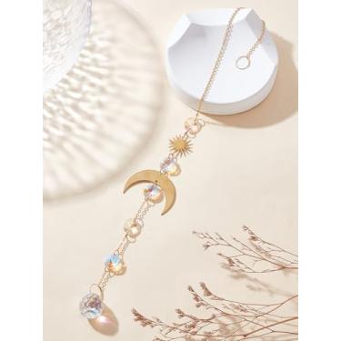 Imagem de 1 peça de apanhadores de sol pendurados na lua, pingente de sino de vento de cristal com achados de latão sinos de vento de vidro para corredores de corredor, jardim, pátio, varanda, decoração, 430 mm