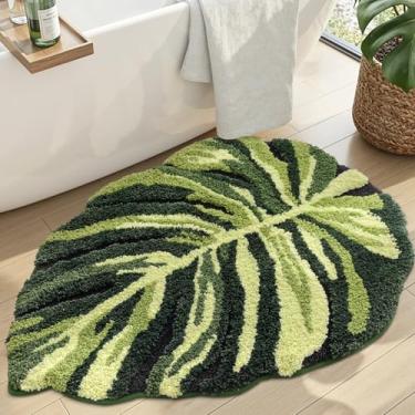 Imagem de DEXI Tapete de banheiro Leaf Monstera, 80 x 129 cm, macio e fofo, com suporte antiderrapante, tapete de banho absorvente lavável, secagem rápida para chuveiro, banheiro, quarto, quarto infantil