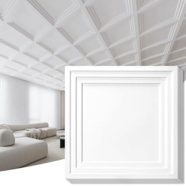 Imagem de Art3d Pacote com 24 azulejos de teto à prova d'água de PVC 61 x 61 cm para decoração de casa - Painel de teto moderno 3D de 6 x 60 cm para grade suspensa, branco
