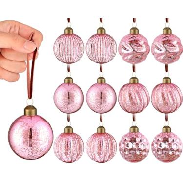 Imagem de 12 peças de enfeites de bola de Natal vintage de vidro mercúrio 6 cm decorações de bola em relevo antigas decorações de árvore de Natal para presentes de Natal e férias de inverno (rosa)