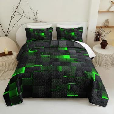 Imagem de Jogo de cama solteiro geométrico verde e preto, 3 peças, de microfibra de colmeia neon (168 x 201 cm) com 2 fronhas (50,8 cm x 76,2 cm)