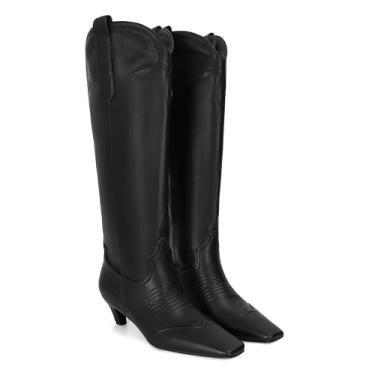 Imagem de DOEYG Botas de camurça caubói cano alto para mulheres, bico fino, botas de vaqueira, salto gatinho, botas ocidentais, botas de cano largo, botas altas modernas, elegantes e confortáveis, Poliuretano