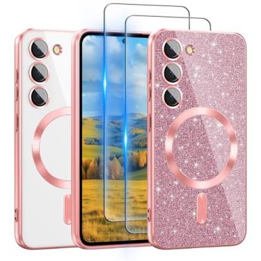 Imagem de Capa para Samsung Galaxy S23 compatível com MagSafe, [cartão de glitter e 2 peças de películas HD] Linda capa brilhante brilhante [nunca amarela], fina, à prova de choque, antiarranhões, capa