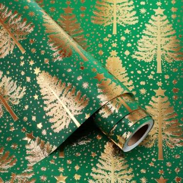 Imagem de AmazingSpark Papel de embrulho de presente de Natal 43 cm x 80 metros rolo 3D folha dourada Kraft papel de embrulho com design de árvore de Natal, folhas jumbo para Natal, feriado de ano novo, festa