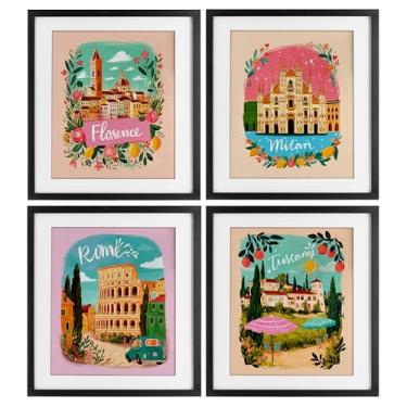 Imagem de Stupell Industries Italy Travel Locations with Florals 4 peças Impressão emoldurada de bétula sob o conjunto de vidro, design por Yen, 16 x 13