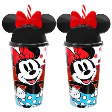 Imagem de Copo Shake Infantil com Canudo e Orelhas da Minnie 500ML Kit com 2 - P