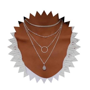 Imagem de TseanYi Colar em camadas com pingente de gota de pedra da lua, colar de gargantilha com círculo vazado, vintage, corrente de satélite, multicamadas, pedras preciosas, colares de gota d'água, joias