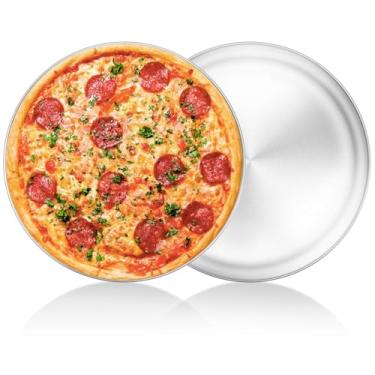 Imagem de Yododo Conjunto de 2 formas de pizza de 33,5 cm, bandeja de pizza de aço inoxidável, prato redondo para assar no forno, saudável e resistente, livre de ferrugem e lavável na lava-louças