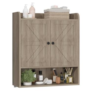 Imagem de EasyCom Armário de parede de banheiro, armário de remédios de fazenda com prateleiras ajustáveis e portas duplas de celeiro, armário de armazenamento sobre o vaso sanitário montado na parede para