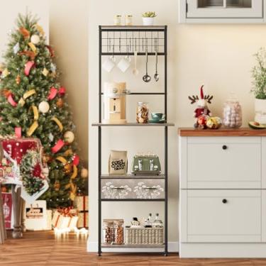 Imagem de GiftGo Suporte pequeno para padeiro de canto estreito com 2 gavetas de tecido de armazenamento, 5 ganchos S para pequenos espaços, prateleira de padeiros para cozinha, entrada, sala de estar (cinza