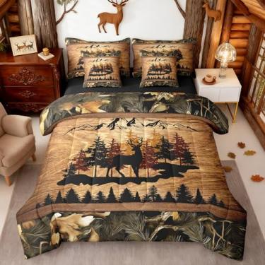 Imagem de Conjunto de cama retrô com estampa de árvore e estampa de animais selvagens, estampa de animais selvagens, 7 peças, lençol de cima e elástico, 2 fronhas, 2 fronhas, tamanho Queen
